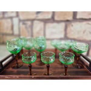 Vintage MCM Green Amber Cordial Glasses Set 3 Textured Art Glass Barware